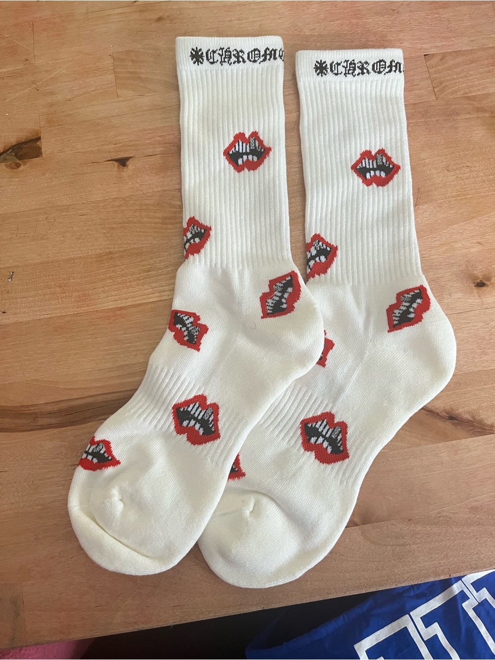 Chrome Hearts White Crew Socks with Red Lip Motif
